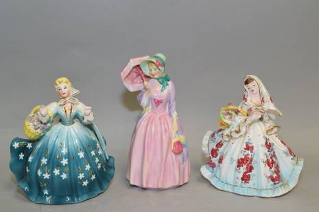 Royal Doulton English Bone China Figurine and Other: Royal Doulton English bone china figurine and two other unmarked figurines. 7.5in.