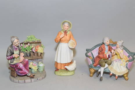 Three Porcelain Figurines, Marked: Three porcelain figurines, two with marks. 8in.