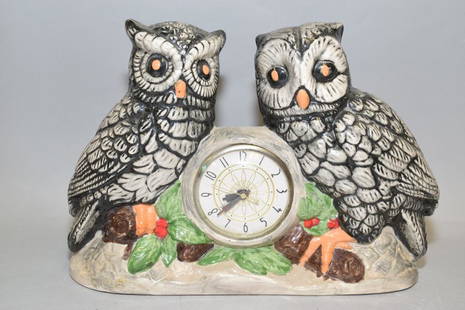 Porcelain Owl Table Clock, Marked: Porcelain owl table clock, marked. 14in.