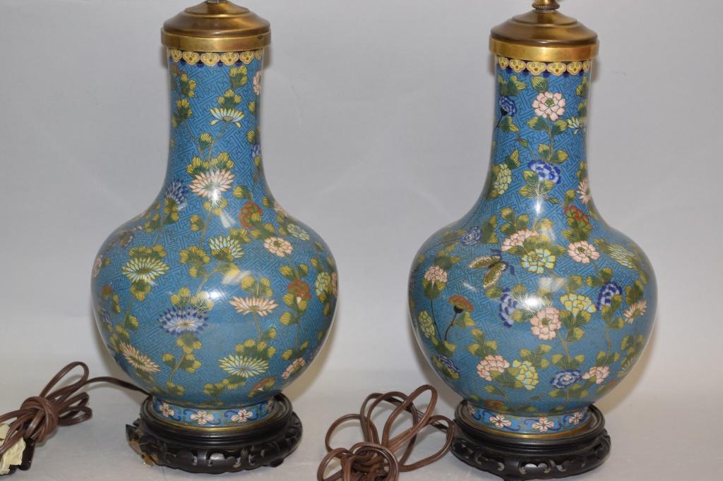 Pr. of 19th C. Chinese Cloisonne Bulbous Vase Lamps (1 of 4)