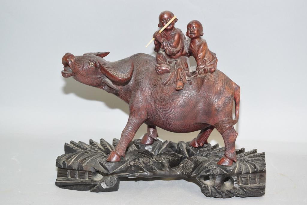 19th C. Chinese Wood Carved Children Riding Ox: 19th C. Chinese wood carved children riding ox. 12in by 14in.
