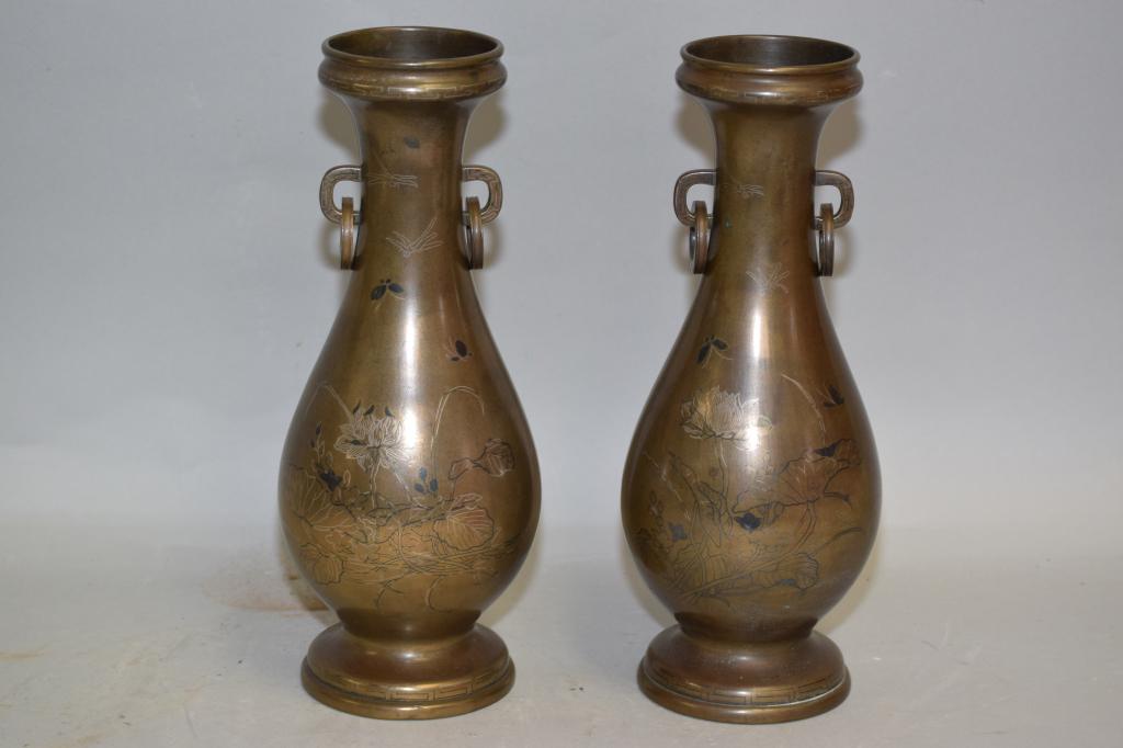 Pr. of 19-20th C. Chinese Silver Inlay Bronze Vase (1 of 4)