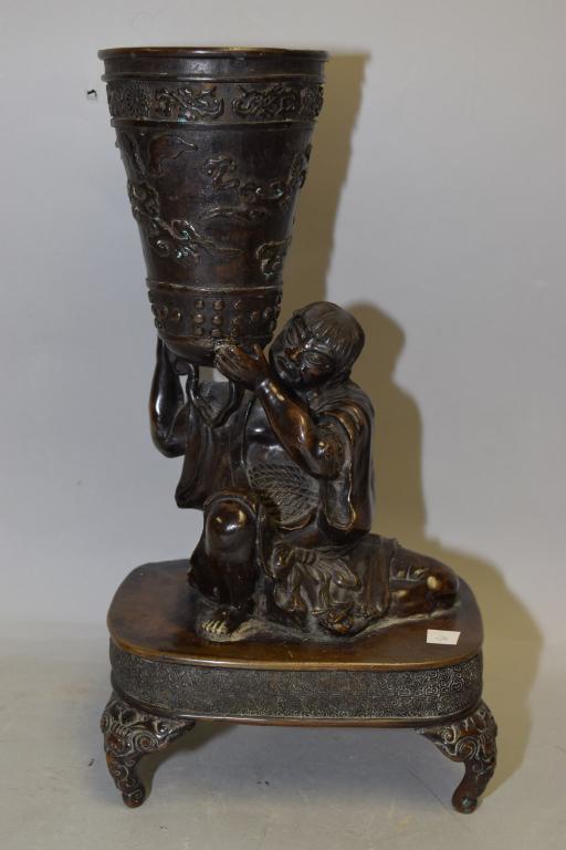 19th C. Japanese Bronze Man Carrying Vase (1 of 5)