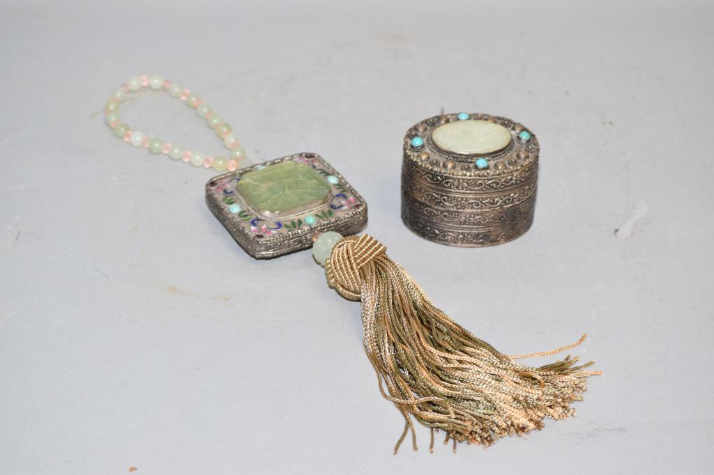 Two Chinese Jade Inlay Silver Decor: Two Chinese jade inlay silver decor. 14in.
