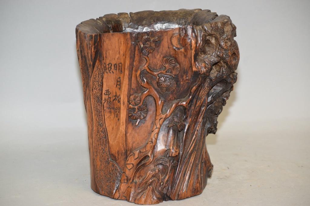 Qing Chinese Natural Wood Carved Brush Pot: Qing Chinese natural wood carved brush pot. 7.75in.