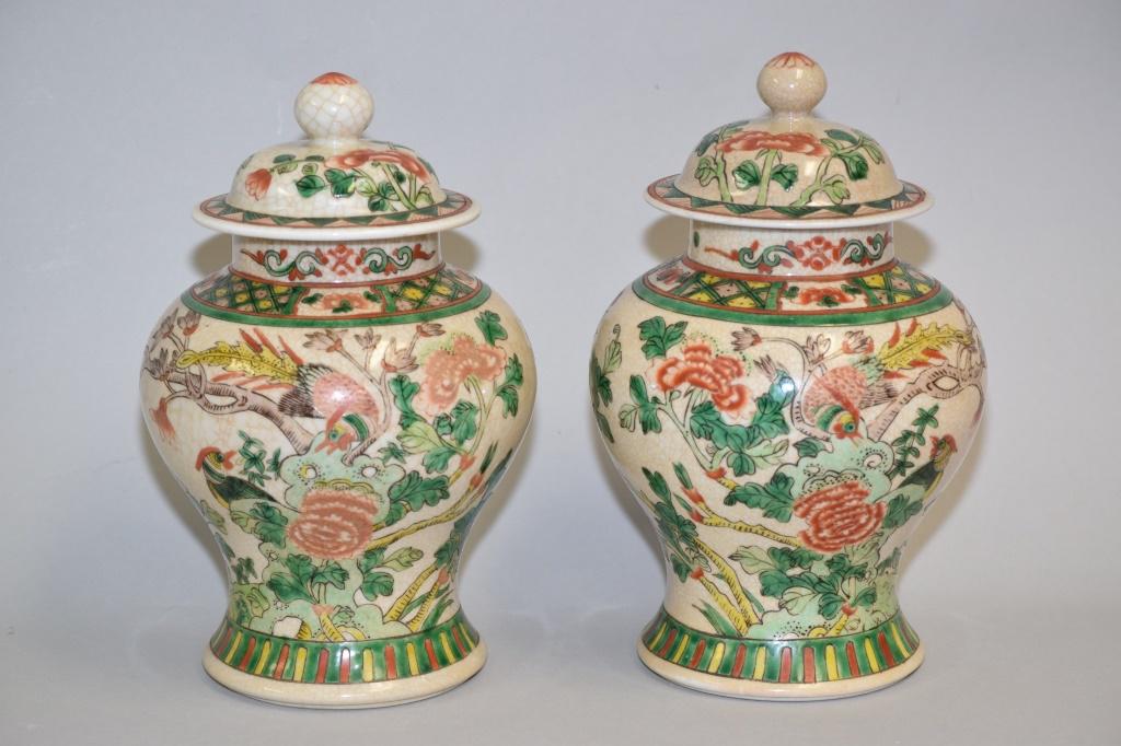 Pr. of 19-20th C. Chinese Porcelain Ge Glaze Wucai Jars (1 of 5)