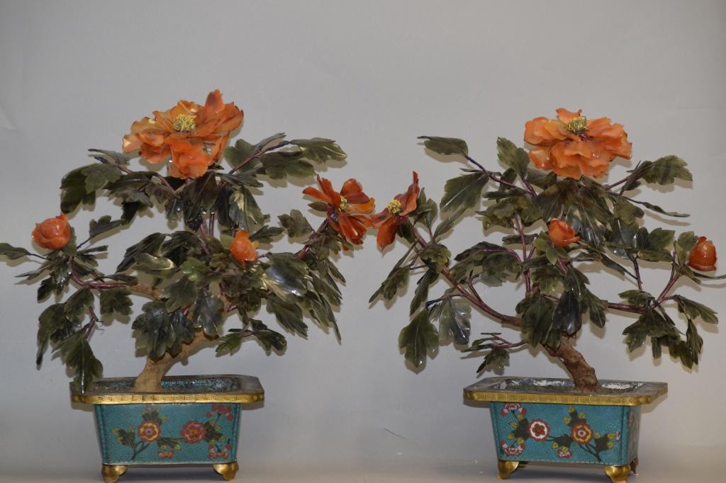 Pr. of 19-20th C. Chinese Jade Trees in Cloisonne Pots (1 of 3)
