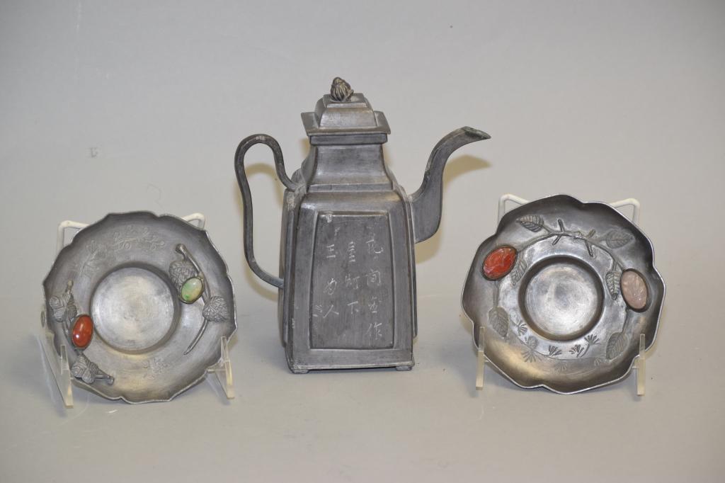 Three 19-20th C. Chinese Guangdong Pewter Tea Ware (1 of 5)