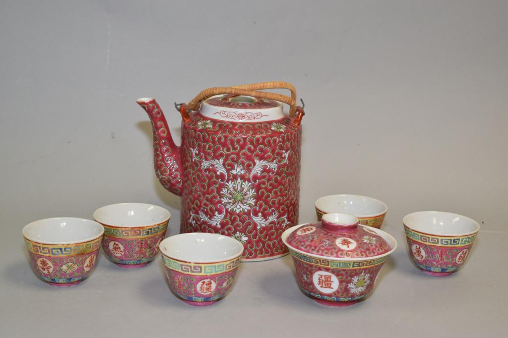 Seven Chinese Porcelain Red Glaze Tea Wares (1 of 1)