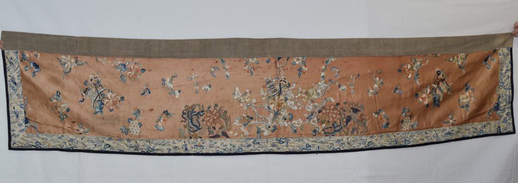 Qing Chinese BeiJing Style Figures Embroidery: Qing Chinese Beijing style figures embroidery. 88in.