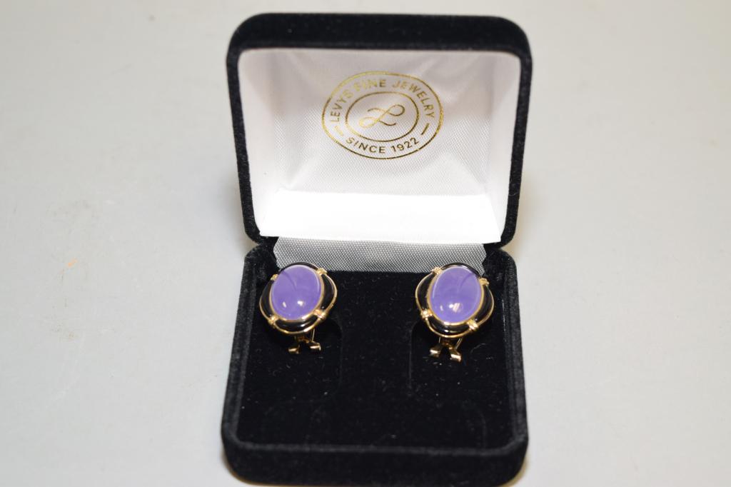 14K Gold Chinese Lavender Jadeite & Onyx Earrings (1 of 3)