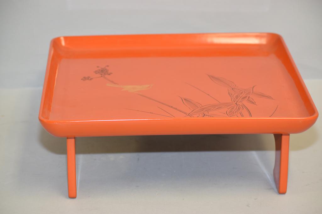 19-20th C. Japanese Painted Coral Lacquer Tea Stand: 19-20th C. Japanese painted coral lacquer tea stand. 4.5in by 12in.