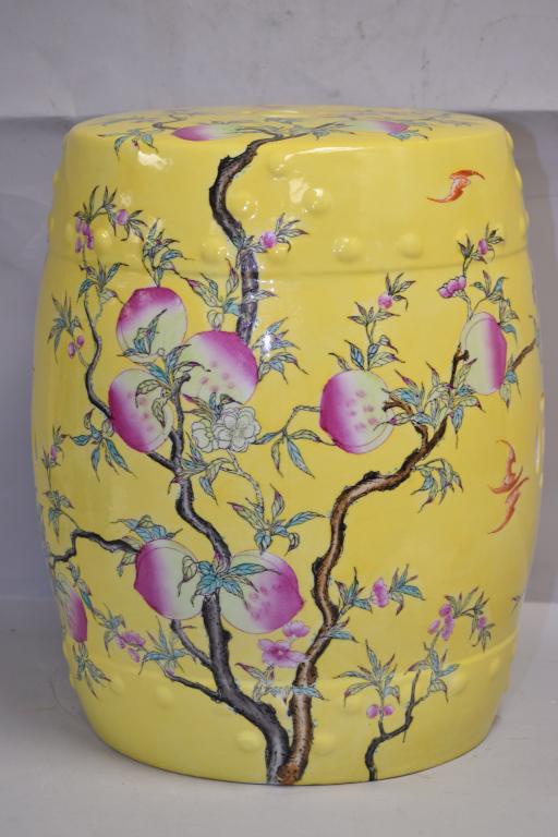 Chinese Porcelain Yellow Glaze Famille Rose Garden Seat: Chinese porcelain yellow glaze famille rose peach garden seat. 18.5in.
