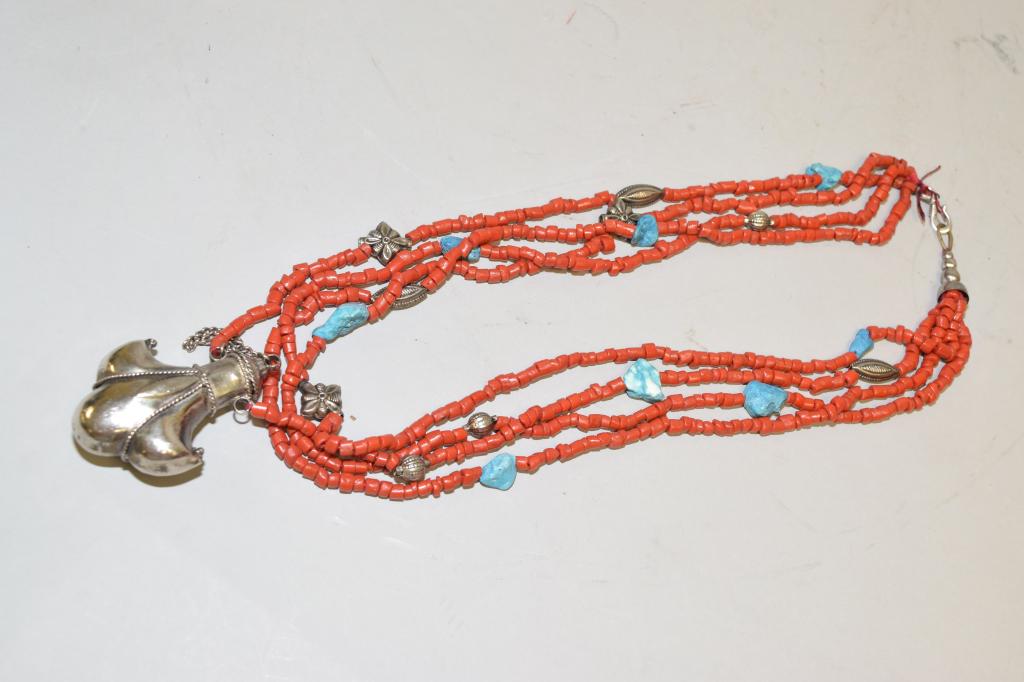Chinese Tibetan Red Coral and Silver Necklace: Chinese Tibetan red coral and silver necklace. 12.5in.