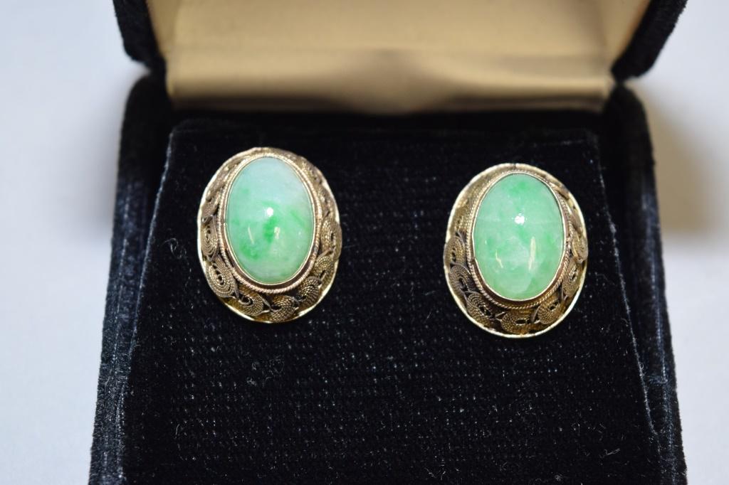 Pr. of 19-20th C. Chinese Silver Jadeite Earrings: Pr. of 19-20th C. Chinese silver jadeite earrings.