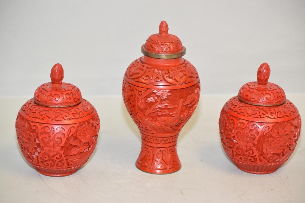 Three Chinese Cinnabar Carved Vases (1 of 1)