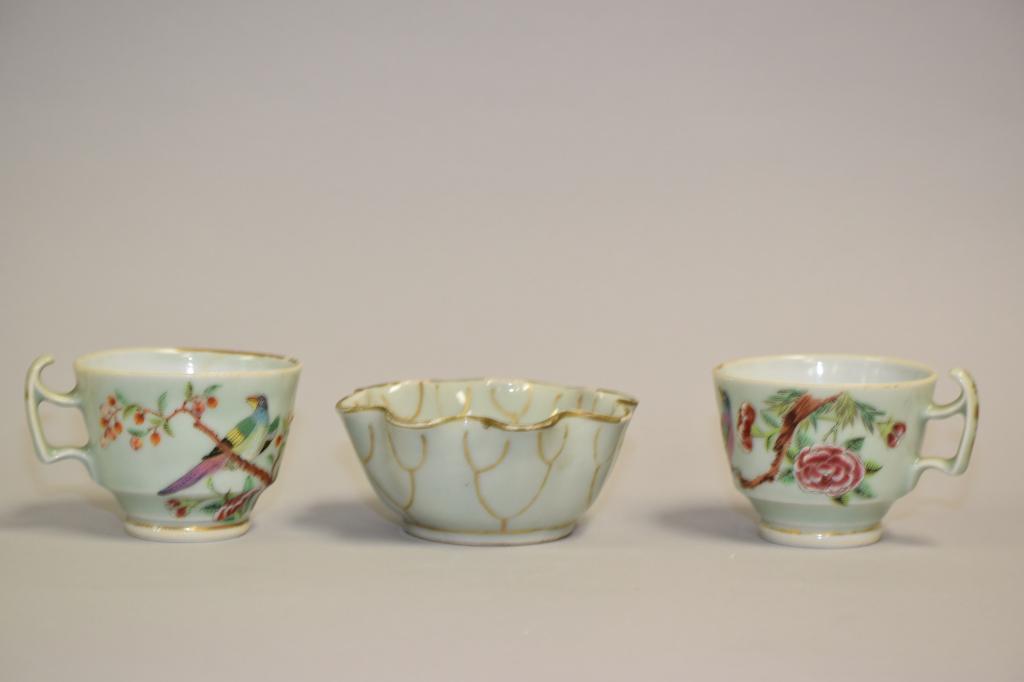 Three 19th C. Chinese Porcelain Pea Glaze Famille Rose (1 of 6)