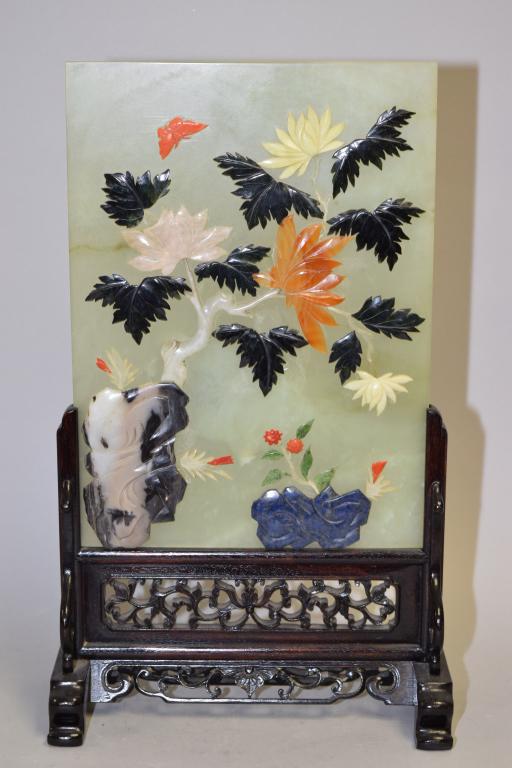 Chinese Precious Stone Inlay Jade Table Screen (1 of 3)