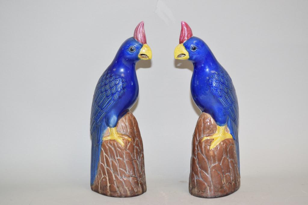 Pr. of 19th C. Chinese Porcelain Blue Glaze Parrot (1 of 5)