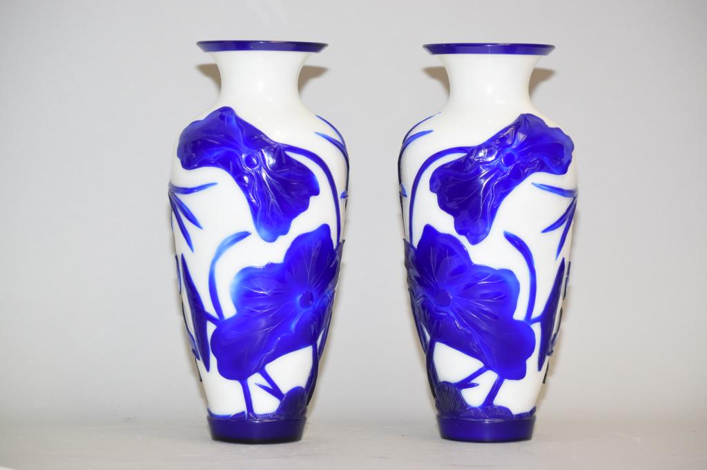 Pr. of Chinese White/Blue Peking Glass Vases (1 of 2)