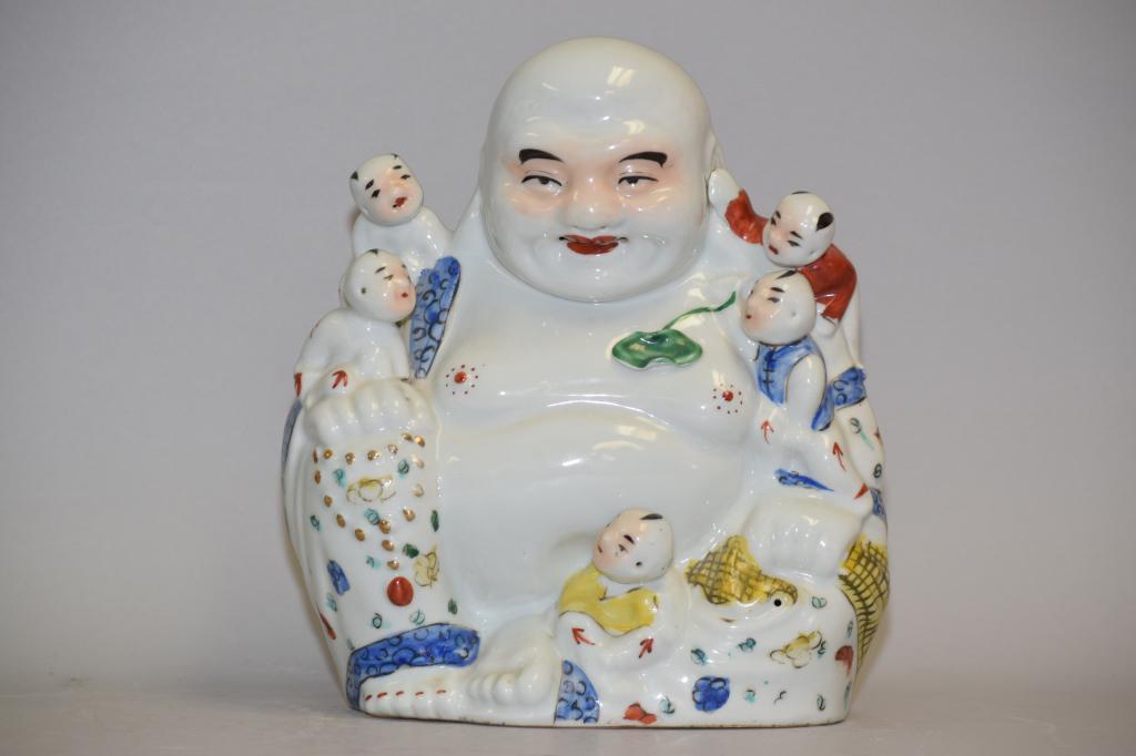 19-20th C. Chinese Porcelain Famille Rose Buddha: 19-20th C. Chinese porcelain famille rose buddha, Ding Yi Sheng mark. 10in.