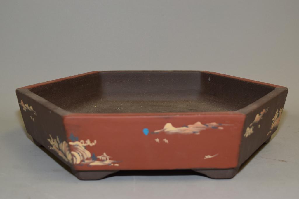 Chinese YiXing ZiSha Hexagonal Narcissus Planter: Chinese yixing zisha hexagonal narcissus planter. 15in.