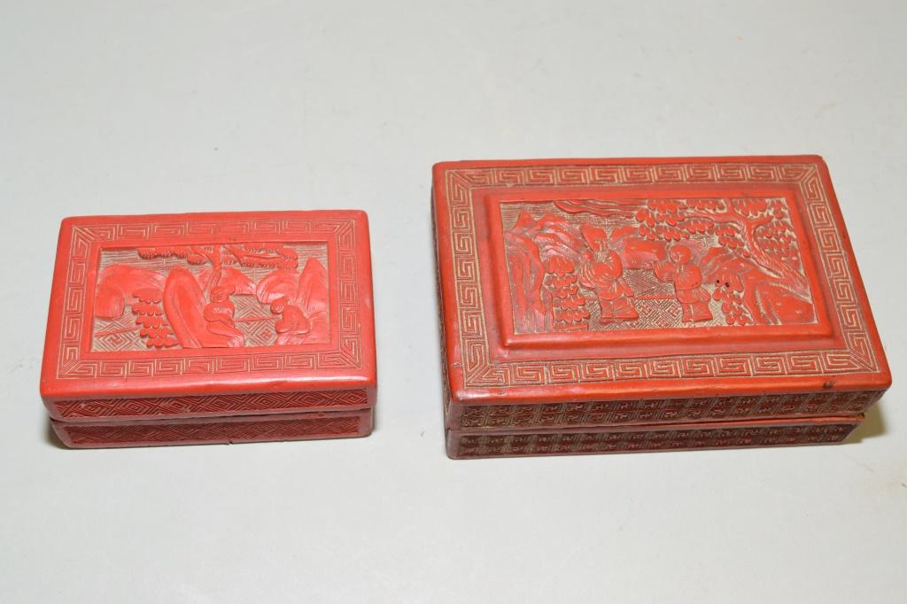 Two 19th C. Chinese Cinnabar Carved Boxes (1 of 3)