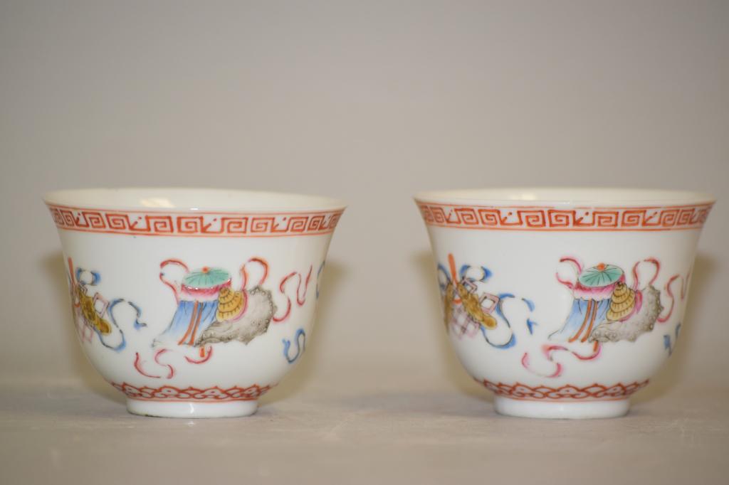 Pr. of 18-19th C. Chinese Porcelain Famille Rose C: Pr. of 18-19th C. Chinese porcelain famille rose "eight fortunes" tea cups. 2.5in by 3.25in.