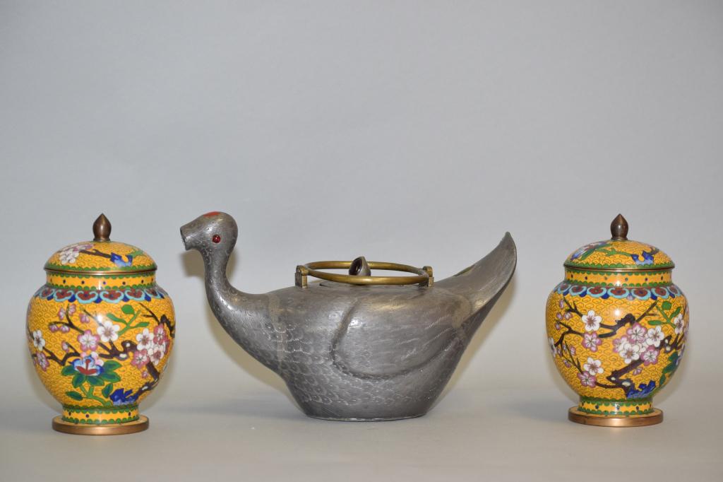 19-20th C. Chinese Pewter Duck Pot and Pr. of Cloisonne (1 of 4)