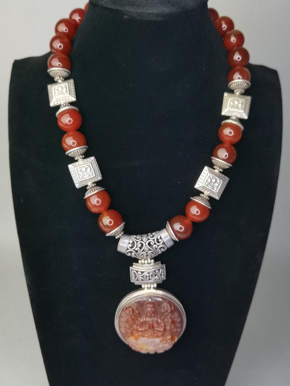 Red Agate Carved Bead and Silver Necklace (1 of 3)