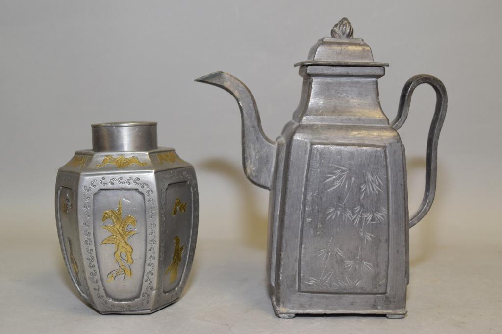 19-20th C. Chinese Pewter Teapot and Tea Caddy (1 of 7)