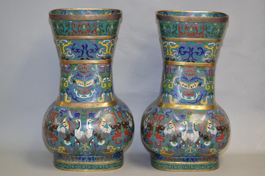 Pr. of 19-20th C. Chinese Cloisonne Square Vases (1 of 8)