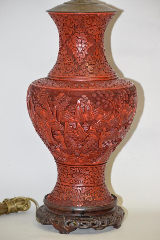 18-19th C. Chinese Cinnabar Carved Vase Lamp (1 of 11)