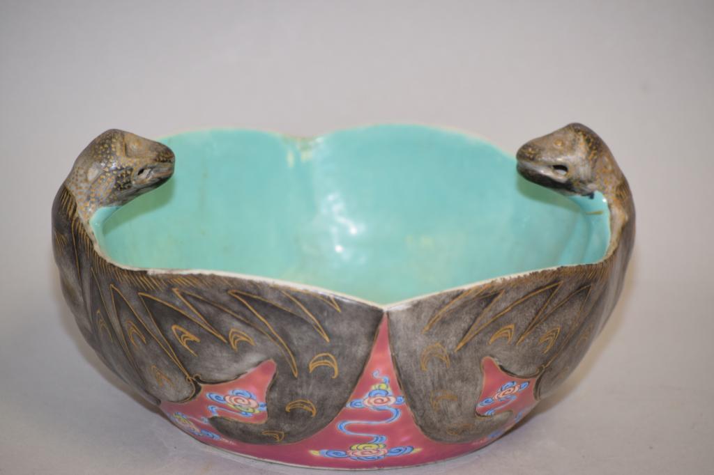 18-19th C. Chinese Porcelain Famille Rose Bat Bowl (1 of 9)