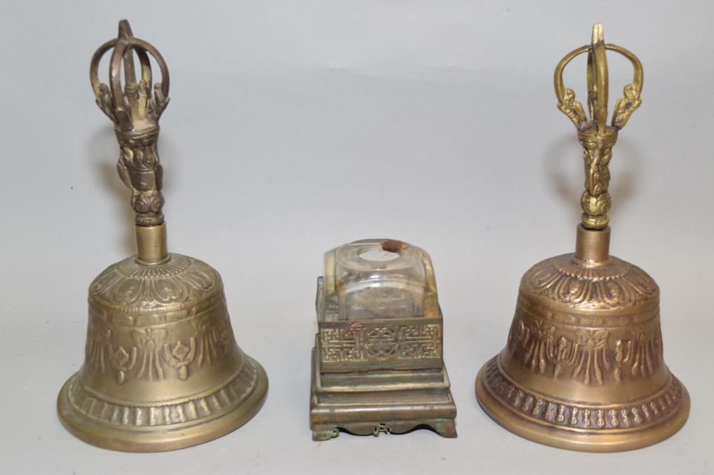 Two Chinese Tibetan Bronze Bells and Crystal Lamp (1 of 4)