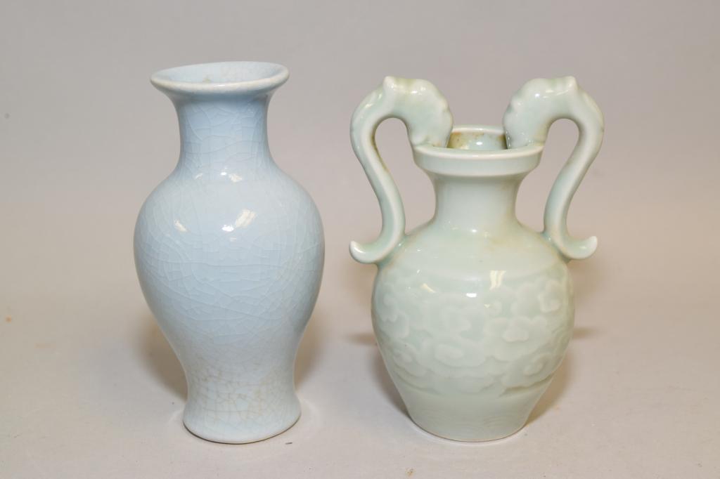 Two Chinese Porcelain Pea Glaze Vases: Two Chinese porcelain pea glaze vases, 5.25in