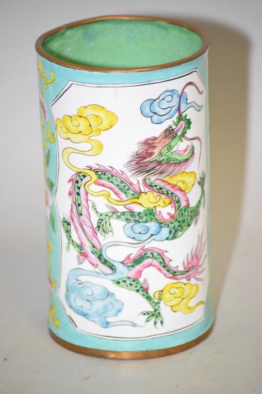 Chinese Enamel over Bronze Brush Pot: Chinese enamel over bronze brush pot, 5in