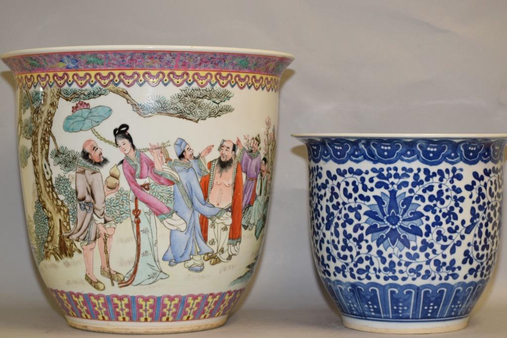 Chinese Porcelain Famille Rose and B&W Flower Pots: Chinese porcelain famille rose and blue and white flower pots, 13in by 14in