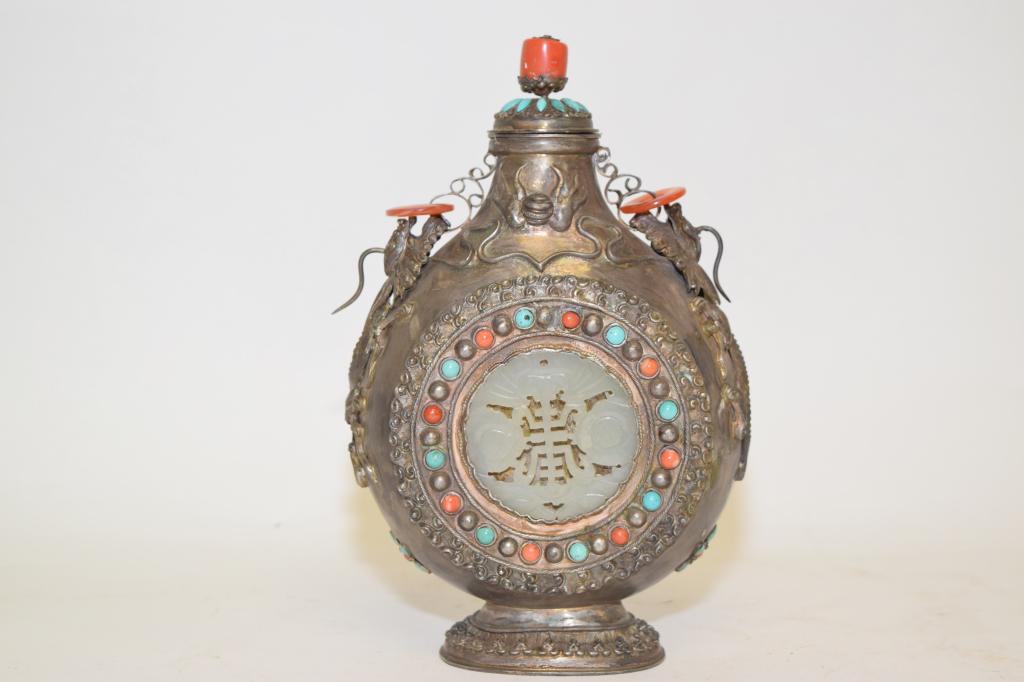 19-20th C. Chinese Tibetan Jade Inlay Silver Vase (1 of 7)