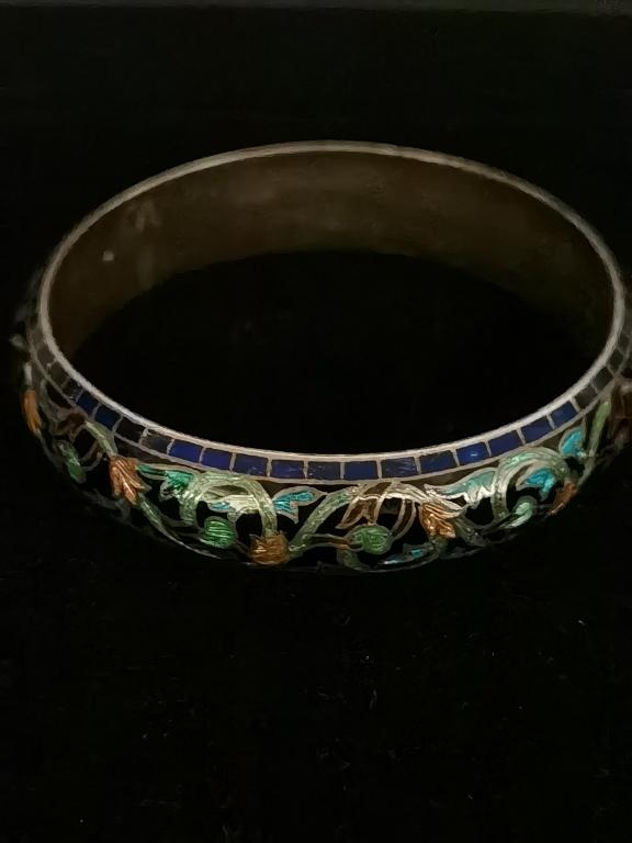 Chinese Enamel over Silver Bangle Bracelet (1 of 2)