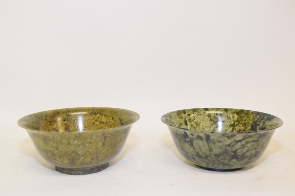 Two Chinese Spinach Jade Carved Bowls (1 of 3)