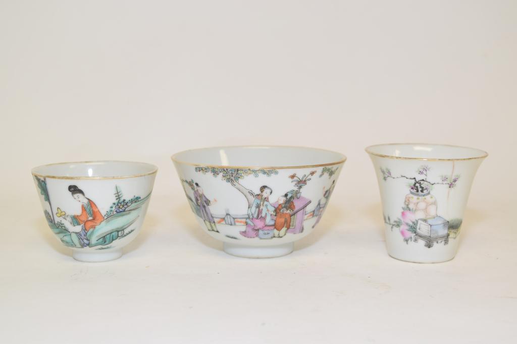 Three 19-20th C. Chinese Porcelain Famille Rose Cups (1 of 6)