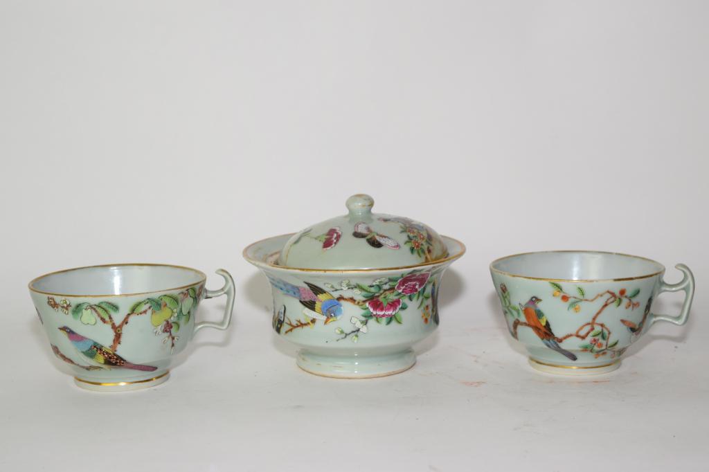 Three 19th C. Chinese Export Porcelain Pea Glaze Famille Rose Wares (1 of 8)