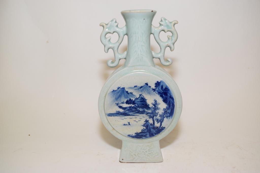19th C. Chinese Porcelain Pea Glaze B&W Moon Flask (1 of 8)