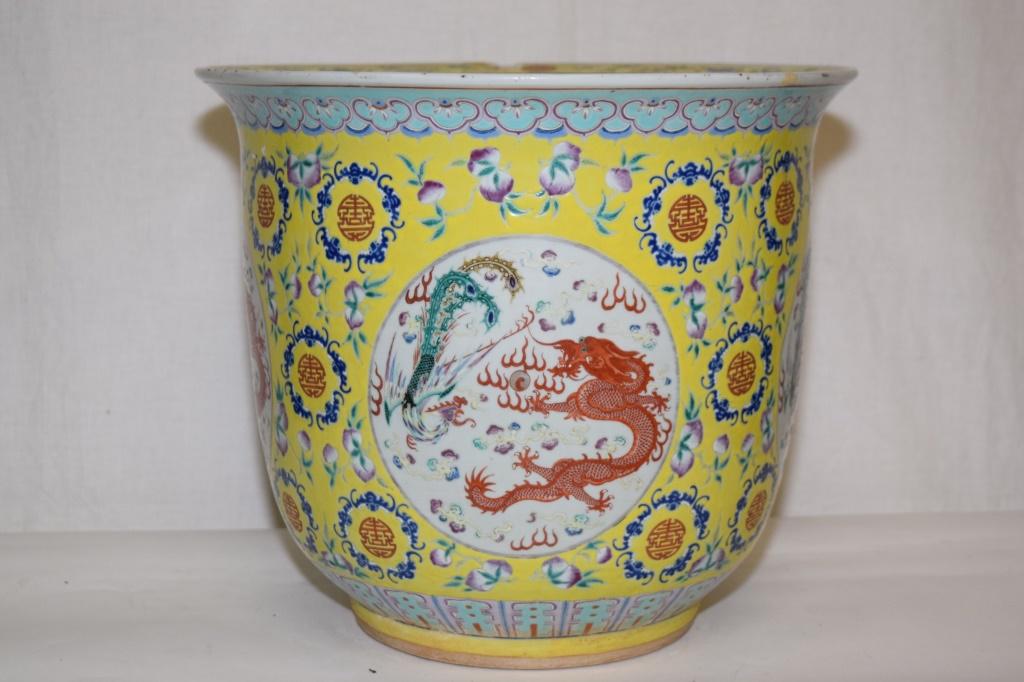 18-19th C. Chinese Porcelain Yellow Glaze Flower Pot (1 of 6)