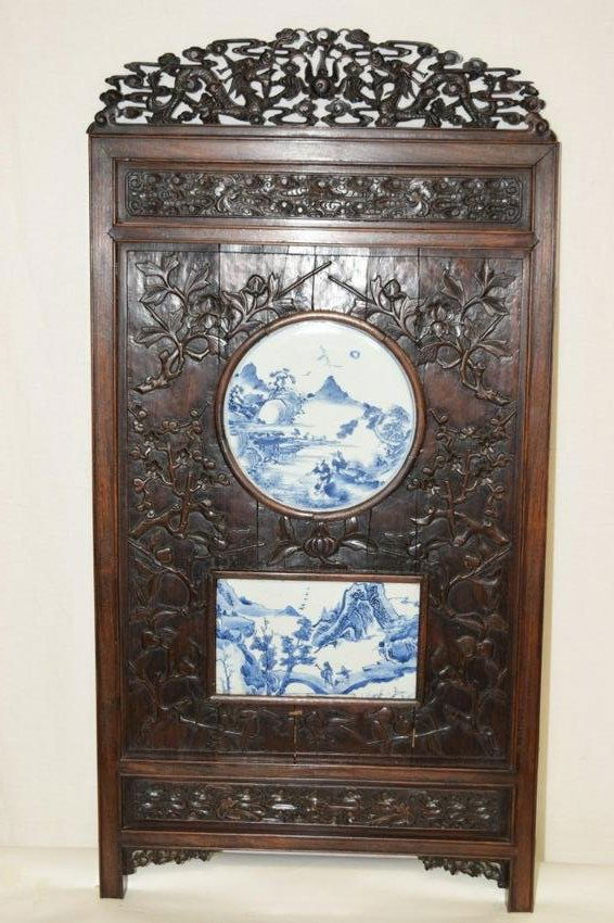 18th C. Chinese Porcelain B&W Plaque Inlay Hongmu Hanging Screen (1 of 9)