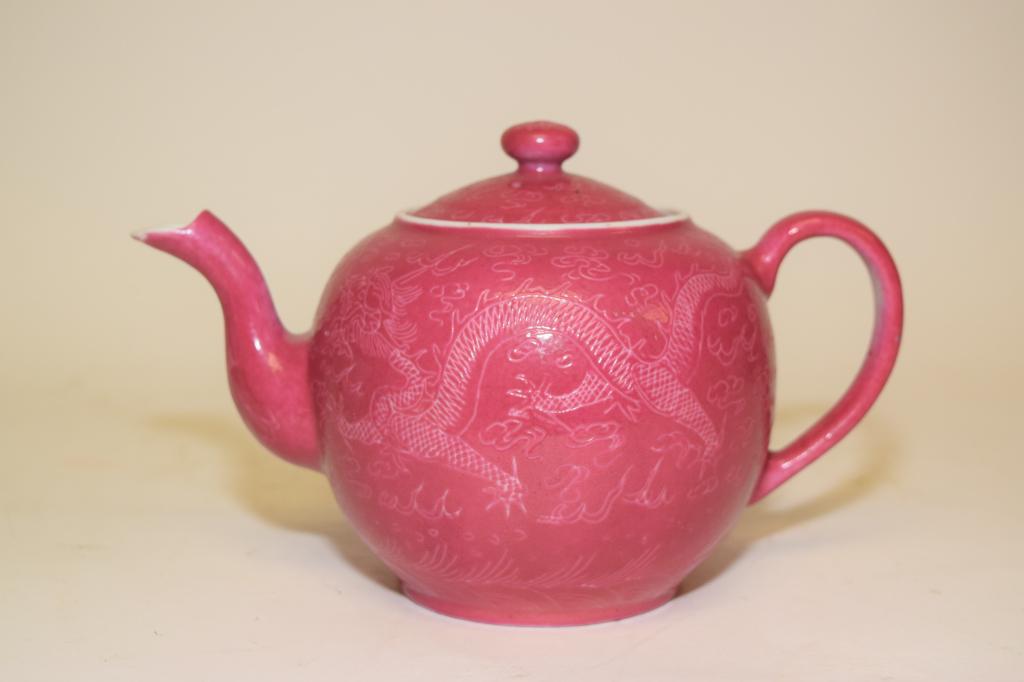 19th C. Chinese Porcelain Powder Red Glaze Teapot (1 of 7)