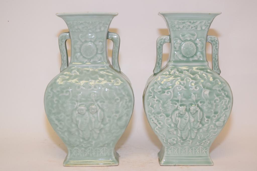 Pr. of 19-20th C. Chinese Porcelain Pea Glaze Zun Vases (1 of 6)