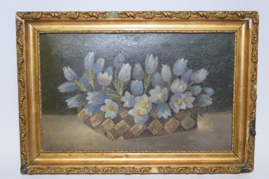 Floral Oil Painting on Canvas, Signed H.F. Wright: Floral oil painting on canvas, signed H.F. Wright, 12.5in by 15.25in
