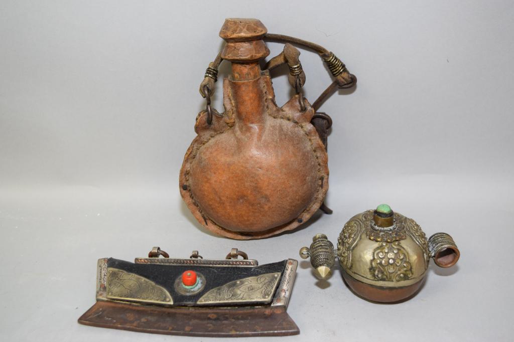 Group of 19th C. Chinese Tibetan Brass/Ox Skin Wares (1 of 6)